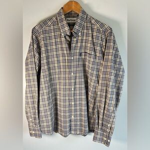 Barbour Mens Button Down Shirt Sz L Beige Plaid Tailored Fit Malcolm Pocket EUC